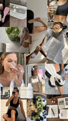 a collage of photos with women in bikinis drinking water and eating fruit, reading books