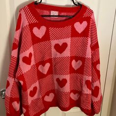 Excellent Condition. Only Worn Once. Size Medium By Tag, Though It's An Oversize Fit. Valentine Sweater, Christmas Fits, Sparkle Sweater, Red Gingham, Knit Crewneck, Pink Red, Oversized Fits, Gingham, Scoop Neck