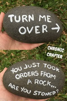 two rocks with words written on them, one is turned into a rock and the other has