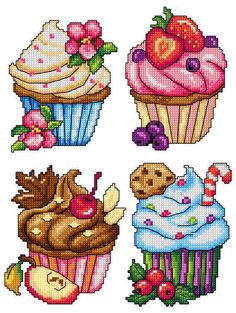 four cross stitch cupcakes with different toppings