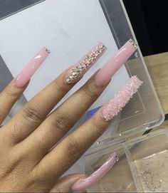 Pink Nails With Rhinestones, Nails With Rhinestones, Self Taught, Acrylic Nails Coffin Short