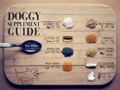 a wooden cutting board with different types of dog food on it