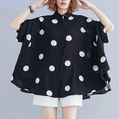 Polka Dot Button Front Lantern Sleeve Blouse Black And White Polka Dot Top Plus Size, Affordable Polka Dot Short Sleeve Tops, Cheap Cotton Shirt With Polka Dot Pattern, Batwing Sleeve Shirt, Ankara Jackets, Bat Shirt, Ruffles Top, Poka Dot, Funky Style