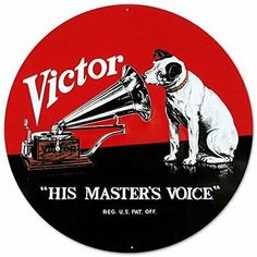 a red and black sign that says,'this master's voice '