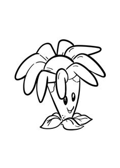 a black and white drawing of a plant with leaves on it's head, in the shape of a cartoon character