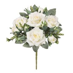 a bouquet of white roses with green leaves