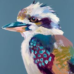 a painting of a colorful bird with blue, yellow and white feathers on it's head