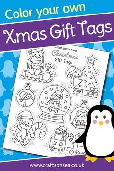 a penguin and penguins christmas coloring book with the title color your own xmas gift tags