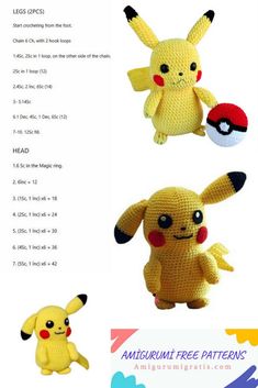 crocheted pokemon stuffed animals are shown in three different styles and sizes, including the pikachu