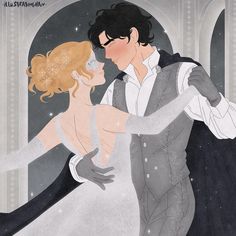 an illustration of a man and woman dressed in formal clothing dancing together with snowflakes on their shoulders