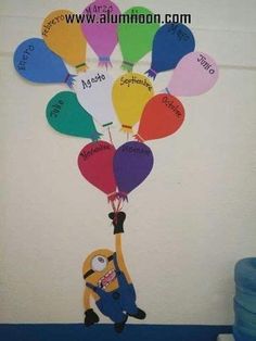 a bunch of balloons that are in the shape of a minion with names on them