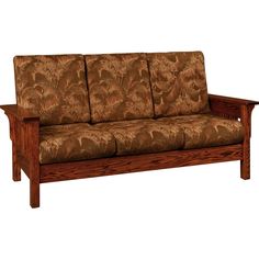 a wooden couch with brown fabric on it