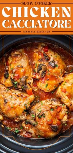 slow cooker chicken cacciatore in a crock pot with text overlay