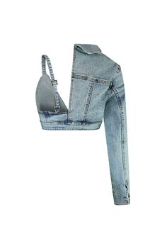 Denim collared crop top featuring one long sleeve detail Button closure We recommend wearing pasties or no bra with this garment Runs true to size Stretch Denim Blue Cropped Crop Top, Fitted Cropped Denim Jacket For Summer, Stretch Denim Cropped Crop Top, Fitted Cropped Denim Jacket, Fitted Denim Cropped Jacket, Collared Crop Top, Denim Crop Top, Small Crop Tops, Aaliyah