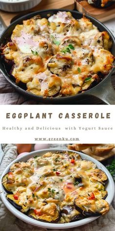 an eggplant casserole is shown in two different pans, one with cheese and the other with vegetables