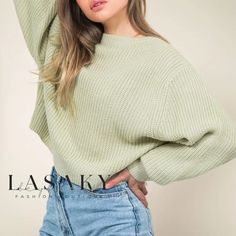 Lasaky - Round Neck Rib Knit Pullover Sweater with Bishop Sleeves - Sage Soft Knit Acrylic Cropped Sweater With Crew Neck, Solid Color Chunky Knit Acrylic Tops, Chunky Knit Acrylic Tops, Solid Chunky Knit Acrylic Tops, Chunky Knit Acrylic Tops In Solid Color, Acrylic Cropped Sweater With Chunky Knit And Crew Neck, Chunky Knit Crew Neck Cropped Sweater In Acrylic, Cropped Acrylic Sweater With Chunky Knit And Crew Neck, Trendy Soft Knit Acrylic Tops