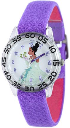 DISNEY Disney Tiana Kids Time Teacher Purple Nylon Strap Watch. Shell get a little extra help when she learns how to tell time with this watch featuring Princess Tiana. Its the perfect visual aid with clearly marked numerals and hands printed with minute and hour. cute disney accessories | disney watch | princess tiana #disneyprincess #disney #disneyland #disneyworld Disney Tiana, Disney Doc Mcstuffins, Best Kids Watches, Purple Watch, Disney Watches, Doc Mcstuffins, Artwork Display, Stretch Bands, Telling Time