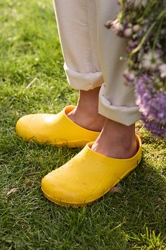 Made in Italy from CFC-free polyurethane foam rubber, these practical garden clogs are flexible, waterproof, and nearly indestructible. | NORA Garden Clogs, Yellow, Size: 36 at Terrain Yellow Rubber Sole Clogs For Outdoor, Yellow Slip-resistant Slip-on Clogs, Yellow Slip-on Slip-resistant Clogs, Comfortable Waterproof Clogs For Outdoor, Practical Garden, Clogs Outfit, Garden Boots, Gardening Gear, Garden Clogs