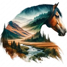 a horse that is standing in the grass with mountains behind it and a river running between them