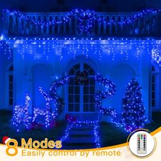 blue christmas lights on the front of a house