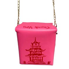 Hot Pink Red Print Boxy Purse Styled As A Chinese Food Takeaway Box. Features Flap And Magnetic Snap Closure, Removable Gold Tone Cross Body Chain, Interior Zip Pocket. Size 4.5" X 7" X 5" Arrives From A Smoke Free Environment Rectangular Pink Shoulder Bag For Gifts, Red Square Box Bag As A Gift, Red Pouch Box Bag For Gift, Red Square Box Bag As Gift, Red Rectangular Box Bag, Pink Rectangular Box Bag, Pink Pouch Box Bag For Gift, Harajuku Style Pink Rectangular Shoulder Bag, Red Square Box Bag For Gift