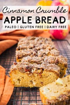 cinnamon crumble apple bread on a cooling rack with an orange napkin in the background