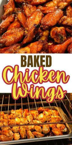 baked chicken wings cooking in the oven and then being cooked on the grill with text overlay