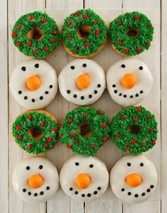 frosted donuts decorated like snowmen and wreaths