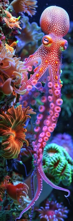 an underwater scene with colorful corals and jellyfish in the water, looking like they are floating