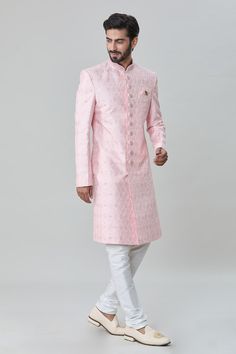 Pink sherwani with floral tonal embroidery. Paired with cream churidar. - Aza Fashions Fitted Pink Sherwani With Cutdana, Pink Fitted Sherwani With Cutdana, Designer Pink Sherwani With Cutdana, Pink Sherwani With Cutdana For Designer Wear, Pink Naqshi Churidar For Wedding, Traditional Pink Churidar For Formal Occasions, Pink Traditional Churidar For Formal Occasions, Traditional Pink Formal Churidar, Elegant Pink Sherwani With Pallu