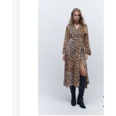 Zara Animal Print Midi Dress Basic And Beautiful Zara Brown Midi-length Dress, Casual Leopard Print Zara Dress, Zara Multicolor V-neck Midi Dress, Silver Metallic Dress, Zara Midi Dress, Brown Leather Dress, Fitted Leopard Print V-neck Midi Dress, Strapless Long Dress, Chic V-neck Leopard Print Midi Dress