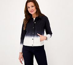 Denim jacket: but make it dip-dye different. Throw this adorable outfit-maker over V-neck tees, silky bodysuits, or flowy little dresses -- it's your new wardrobe staple! From Women with Control®.  Original item is A512004. This product may be a customer return, vendor sample, or on-air display and is not in its originally manufactured condition. It may not be new. In some instances, these items are repackaged by QVC. Outfit Maker, Dip Dye, Little Dresses, New Wardrobe, Crop Jacket, V Neck Tee, Black Denim, Vest Jacket, Dip