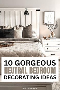 a bedroom with white bedding and black accents on the headboard is featured in this post