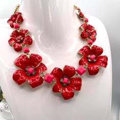 It’s So Cool And Beautiful! Brand New Without Tag Red Elegant Flower Necklace, Elegant Red Flower Necklace, Formal Red Flower Necklace, Elegant Flower Necklace, Marc Jacobs Jewelry, Vintage Jewelry Repurposed, Vintage Repurposed, Repurposed Jewelry, Crystal Flower