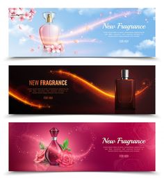 three beautiful banners with perfume bottles and flowers on the left, new fragrance, new fragrance