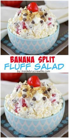 banana split fluff salad in a blue bowl