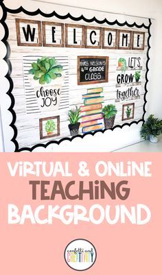 a white board with the words virtual and online teaching background on it in front of a pink