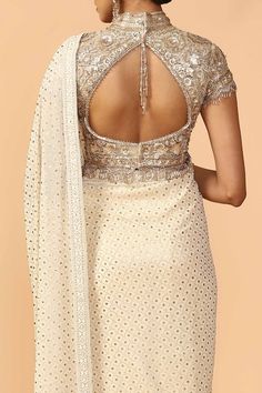 Buy Tarun Tahiliani Off White Embroidered Saree With Blouse Online | Aza Fashions Cocktail Saree Blouse, Saree Blouse Patterns Back, Saree Blouse Neckline, Blouses For Women Saree, Silver Saree Blouse, White Blouse Designs For Saree, White Saree Look, White Embroidered Saree, White Blouse Designs