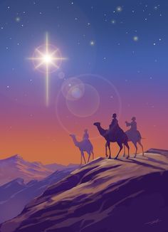 three people riding camels across a desert under a star