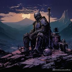 a man sitting on top of a mountain next to a skull