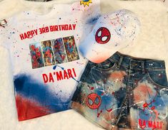 Spider-Man outfit with scattered paint. Can do any character ** PLEASE READ ALL DETAILS Please note that all outfits are processed within 10-12days then it's ship out. I am unable to send out any earlier then when I can, But You do have an options to choose an earlier shipping date if need to . Thank you for your time Send a message with full details *Size Of shirt and jeans or shorts *Color Of shirt *jeans or shorts *Color of words or lettering *what specific words, letters, names, numbers *Cha Spider Man And Friends Birthday, Spiderman 1st Birthday, Mickey Mouse Birthday Outfit, Spiderman 1, Man Outfit, Mens Birthday Party, Super Hero Outfits, August Birthday, Birthday Party Outfits