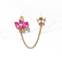 Couture Double Chain Earring Pink Enamel Jewelry With Flower Charm, Pink Enamel Jewelry For Party, Pink Enamel Dangle Jewelry, Pink Enamel Party Jewelry, Chain Earring, Multiple Piercings, Ear Party, Flat Back Earrings, Double Chain