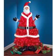 a santa clause christmas tree with lights and presents