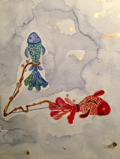 a watercolor painting of a fish and a bird on a branch in the sky