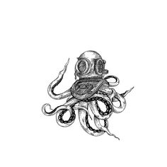 an octopus with a diving mask on it's head and tentacles around its neck