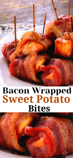 bacon wrapped sweet potato bites on a white plate