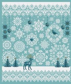 a cross stitch pattern with snowflakes and reindeers in the woods, on a blue background