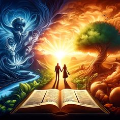 two people holding hands while standing on an open book in the middle of a painting