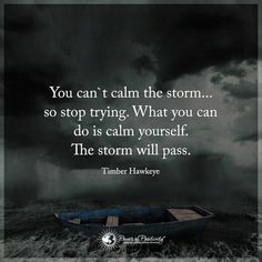 a boat floating on top of a body of water under a cloudy sky with the words, you can't calm the storm so stop trying what you can do