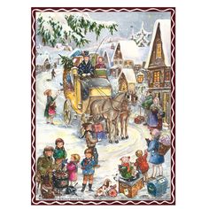 a christmas scene with people and horses in the snow